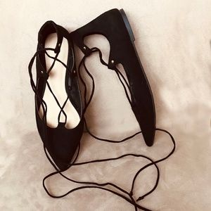 Black flats with long ankle string ties, Old Navy